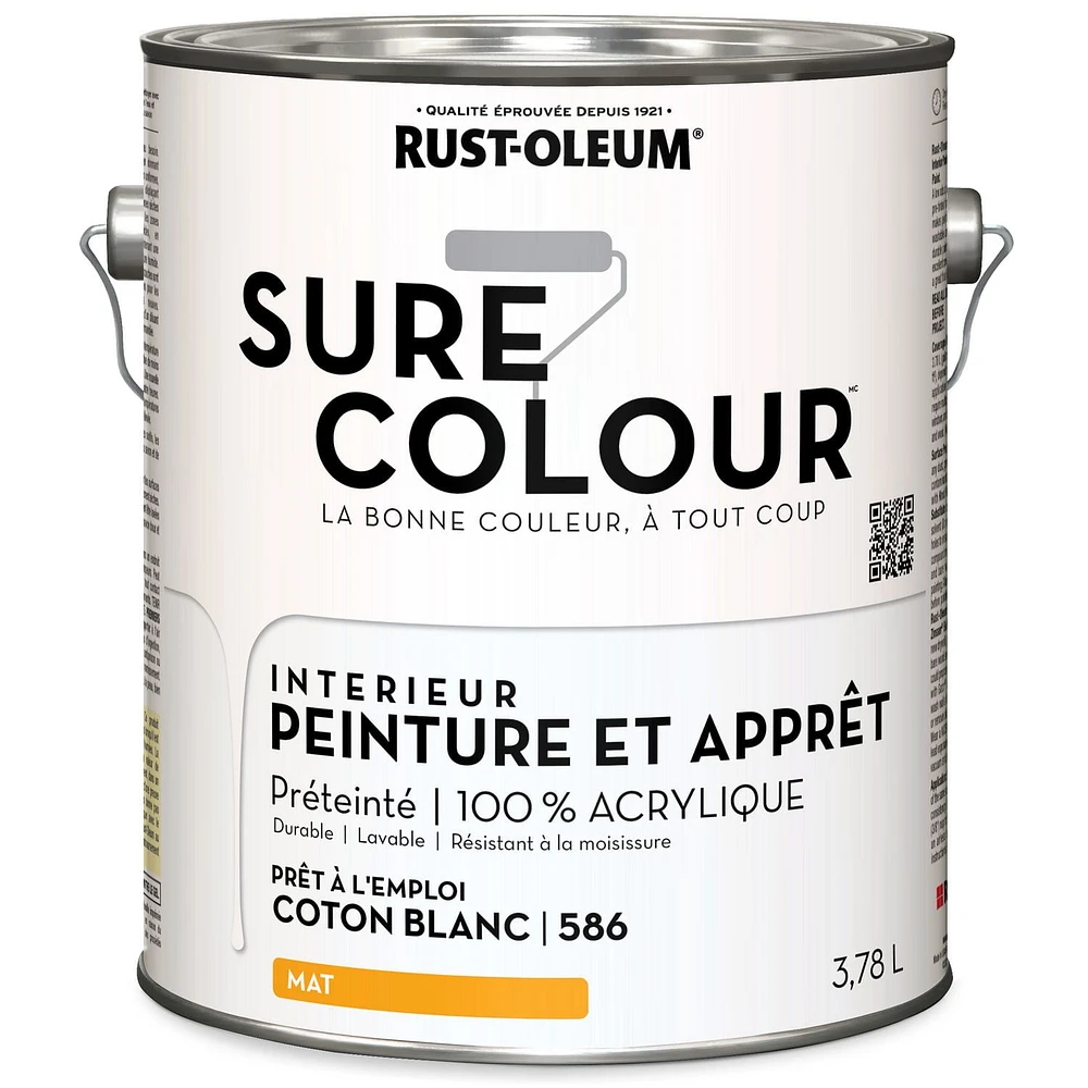Rust-Oleum Sure Colour™ Peinture + Apprêt, Intérieur Mat, Coton Blanc 3,78L 3,78L