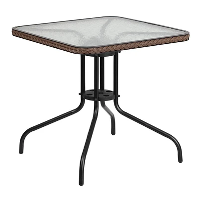 Table carrée de 28 po en métal et verre trempé avec bordure en rotin noir