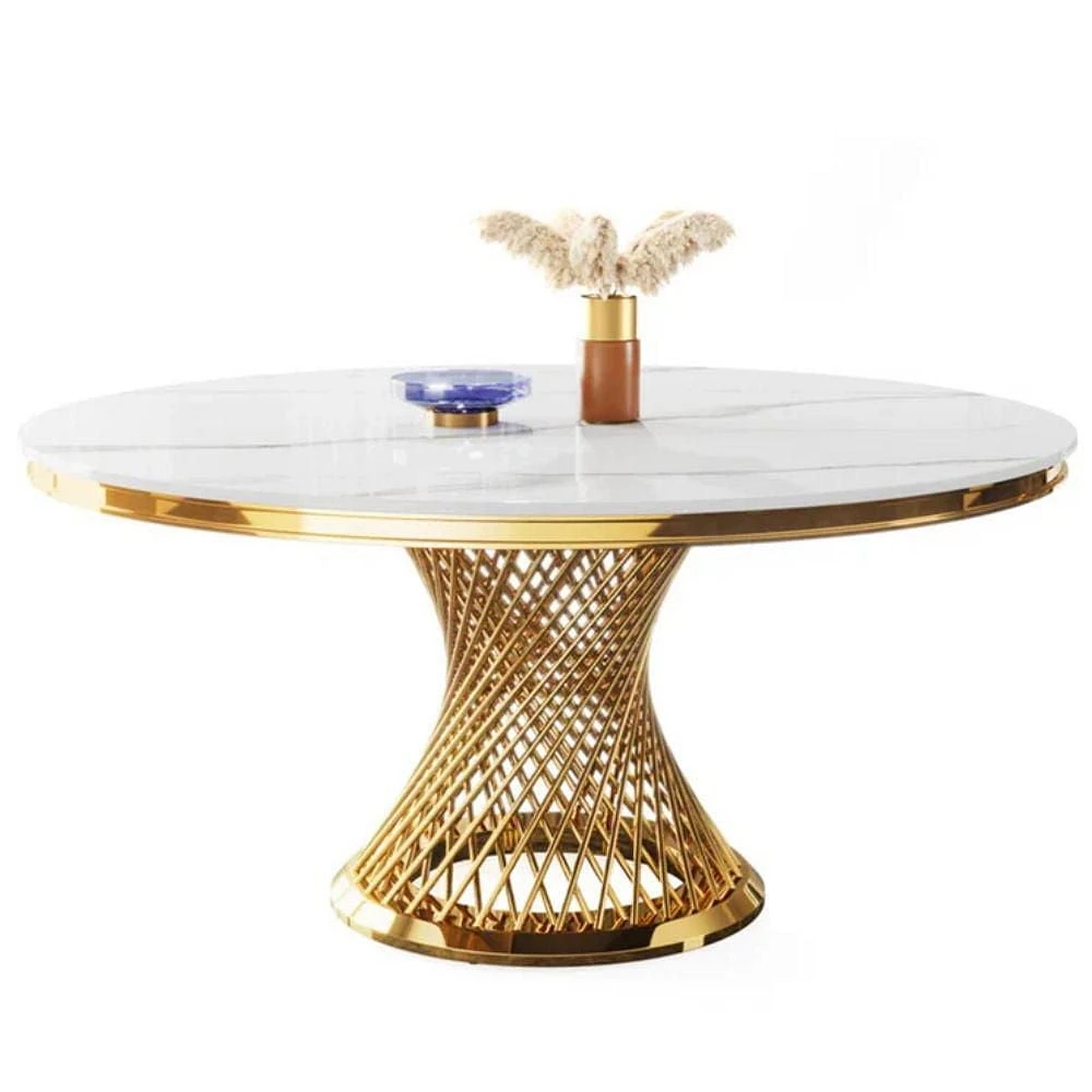 Table de salle à manger en marbre blanc de la collection Heavenly avec base au fini doré