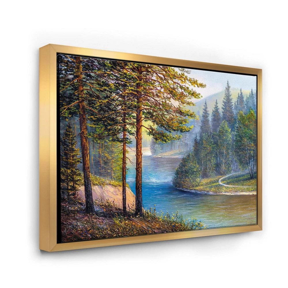 Designart Lumière du soleil du matin à travers la forêt de pins et de sapins ART MURAL À CADRE FLOTTÉ