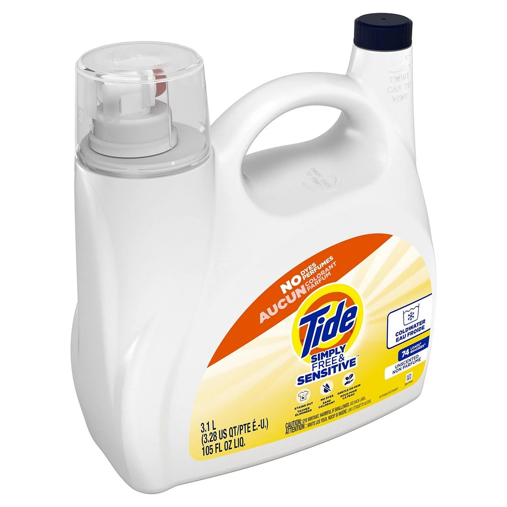 Détergent à lessive liquide Tide Simply, parfum Pur et sensible, 74 brassées, 3,1 L (105 oz liq.)