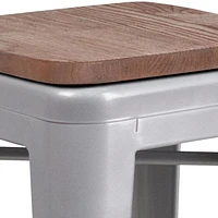 4 Pk. 24" High Backless Silver Metal Counter Height Stool with Square Wood Seat