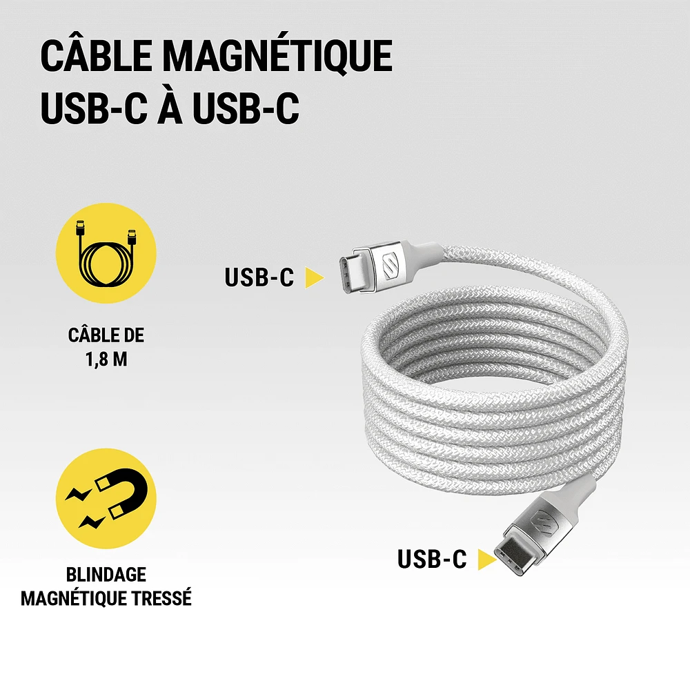 Scosche CCBM6WT-SP Strikeline 60W Magnetic USB-C to USB-C 6 Ft Braided Charging Cable White, USB-C/USB-C 6ft Mag Cbl