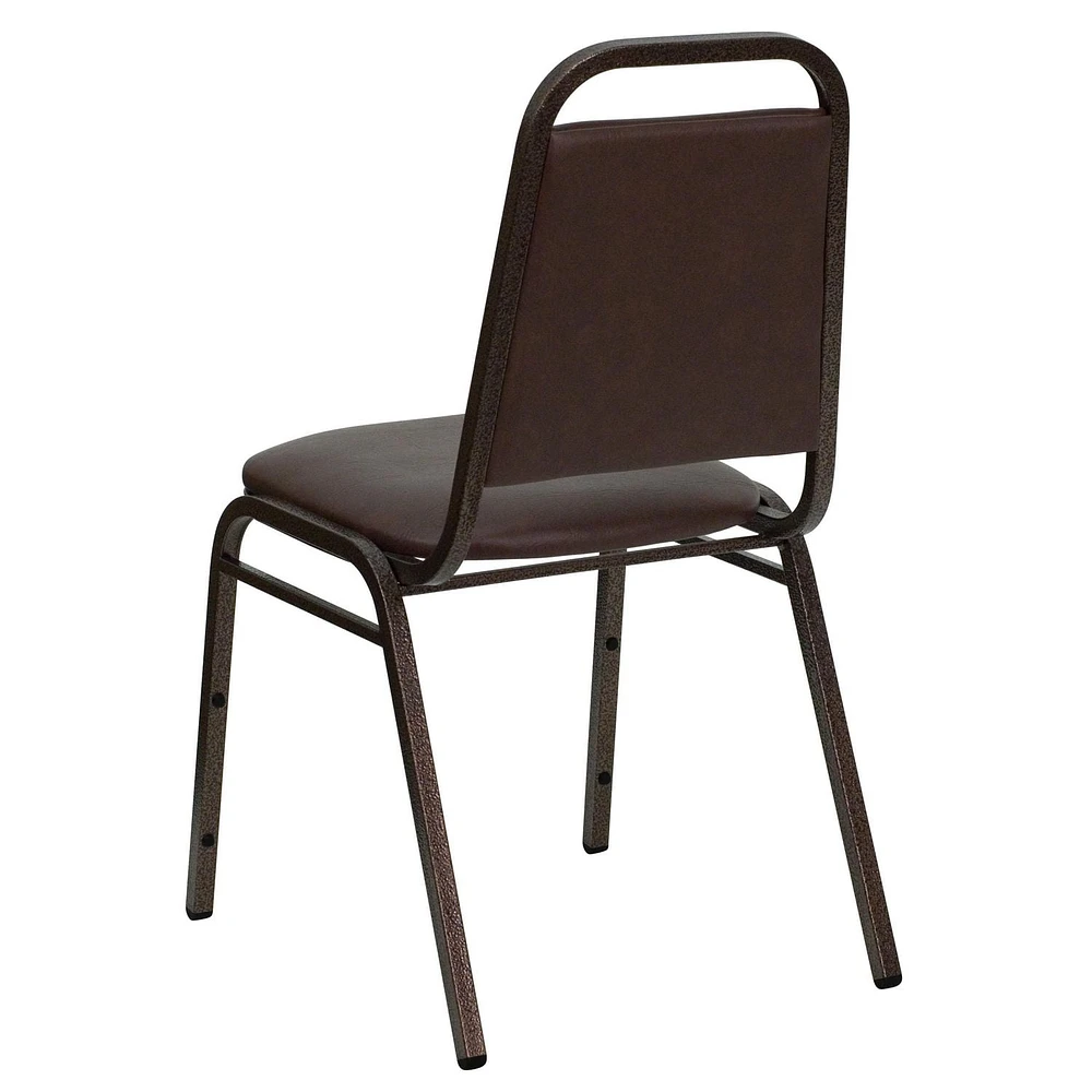 Lot de 4 pièces - Chaise de banquet empilable de la série HERCULES à dossier trapèze en vinyle brun - Cadre veine de cuivre