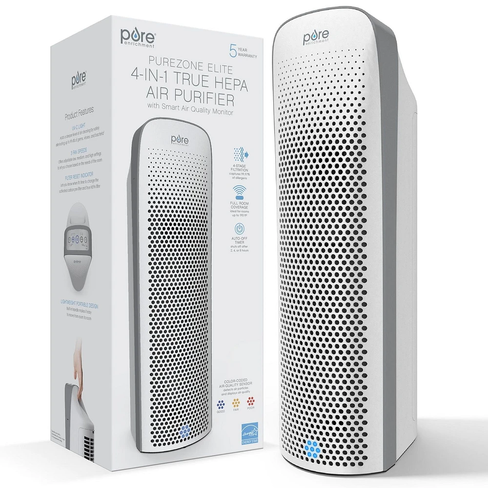 Pure Enrichment PureZone Elite True HEPA Purificateur d'air pour grande pièce avec moniteur de qualité de l'air, filtration en 4 étapes et lumière UV-C (Blanc)