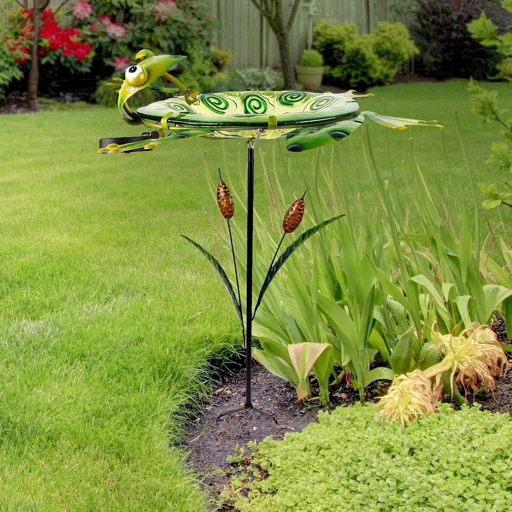 Angelo Decor bain d'oiseau en verre grenouille 74 cm avec piquet en métal et lumière solaire