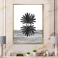 Designart Feuille tropicale noire et blanche sur rayures II ART MURAL À CADRE FLOTTÉ