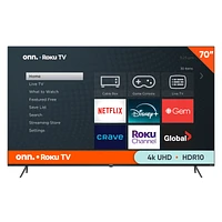 onn. 70" 4K UHD HDR Frameless Roku Smart TV (100012588-CA), 4K, 3 HDMI, 60 Hz