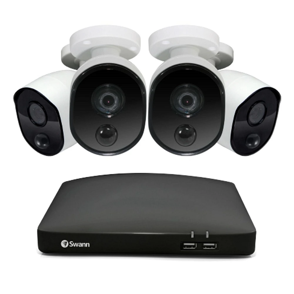 Système de sécurité Swann DVR MicroSD 1080p 4 canaux 64 Go avec 4 caméras Bullet à détection de chaleur et de mouvement - Blanc