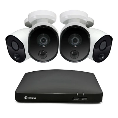 Système de sécurité Swann DVR MicroSD 1080p 4 canaux 64 Go avec 4 caméras Bullet à détection de chaleur et de mouvement - Blanc