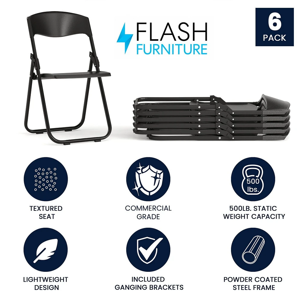 6 Pk. HERCULES Series 500 lb. Capacity Heavy Duty Black Plastic Folding Chair with Built-in Ganging Brackets