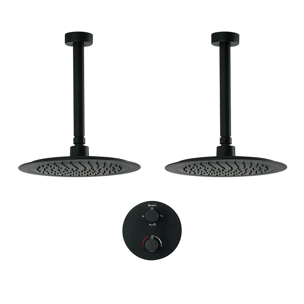 Ensemble de douche thermostatique d'akuaplus(MD) avec Déviateur 4 voies, 2 pommeaux de douche de 9.5 po ou simultanément avec arrêt, fini noir mat