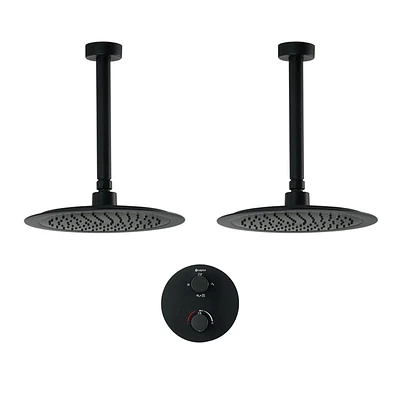 Ensemble de douche thermostatique d'akuaplus(MD) avec Déviateur 4 voies, 2 pommeaux de douche de 9.5 po ou simultanément avec arrêt, fini noir mat