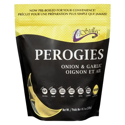 Stellas Plant Based GF Onion & Garlic Perogies, Gluten free/Plant based Perogy