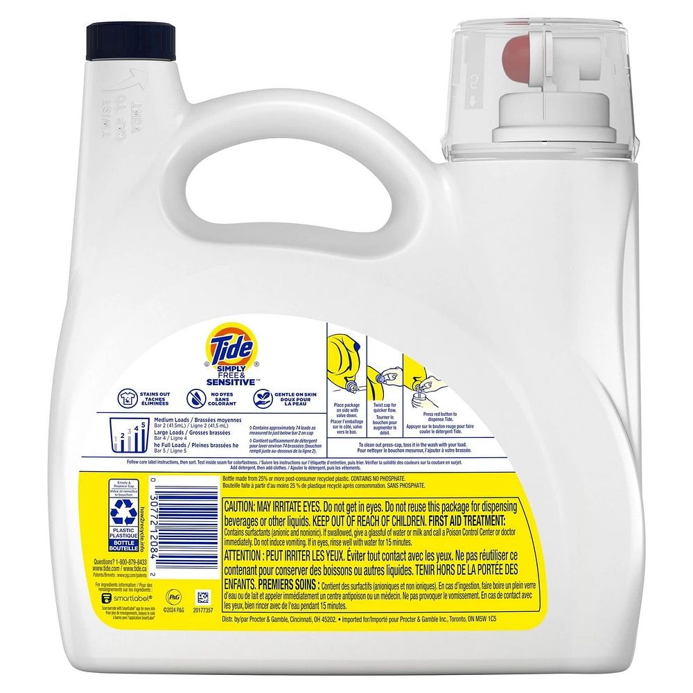Détergent à lessive liquide Tide Simply, parfum Pur et sensible, 74 brassées, 3,1 L (105 oz liq.)