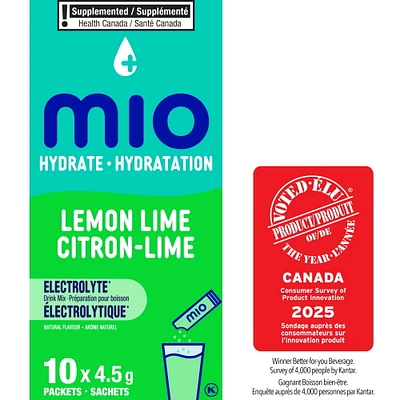 mio Hydrate Lemon Lime Electrolyte Drink Mix, 4.5 g Packets, 10 ct Box, Mio Hydrate Lemon Lime 3.8G X 10