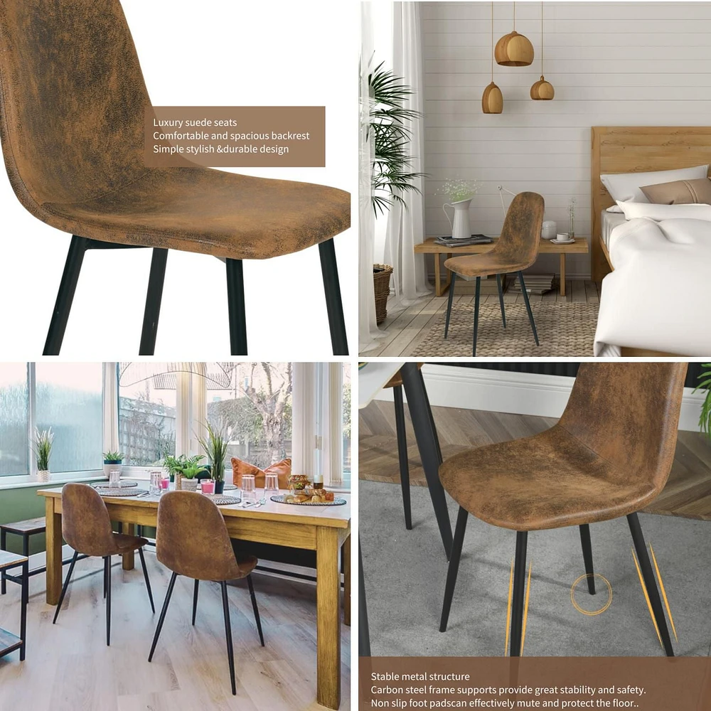 Ensemble de 4 chaises de salle à manger, chaises d'appoint modernes de style du milieu du siècle avec pieds en métal noir, confortables pour la cuisine, le salon et la maison de campagne, brun rustiqu