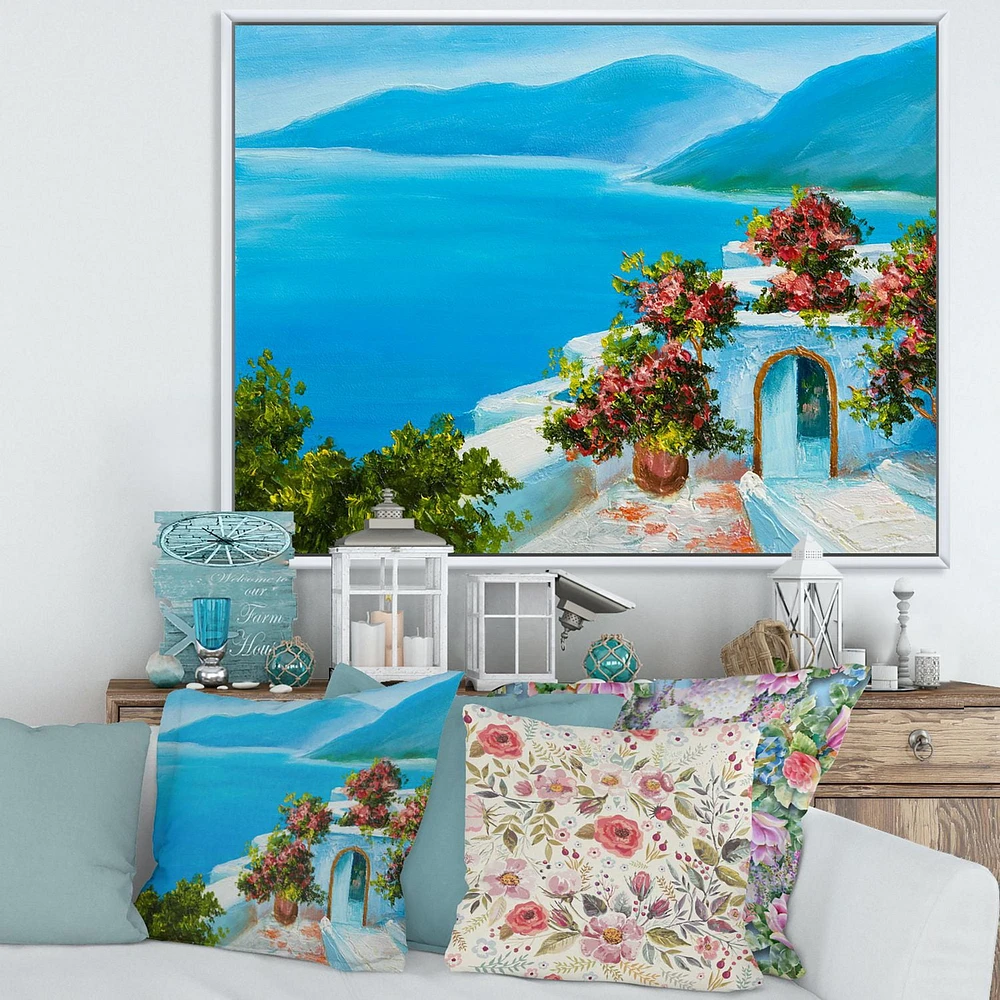Designart Maison Près De La Mer Fleurs Colorées I ART MURAL À CADRE FLOTTÉ