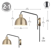 Applique murale enfichable ou fixe à 1 tête en métal Dimitri par Globe Electric, laiton antique, accent noir mat, cordon recouvert de tissu noir, interrupteur sur le cordon, 51719