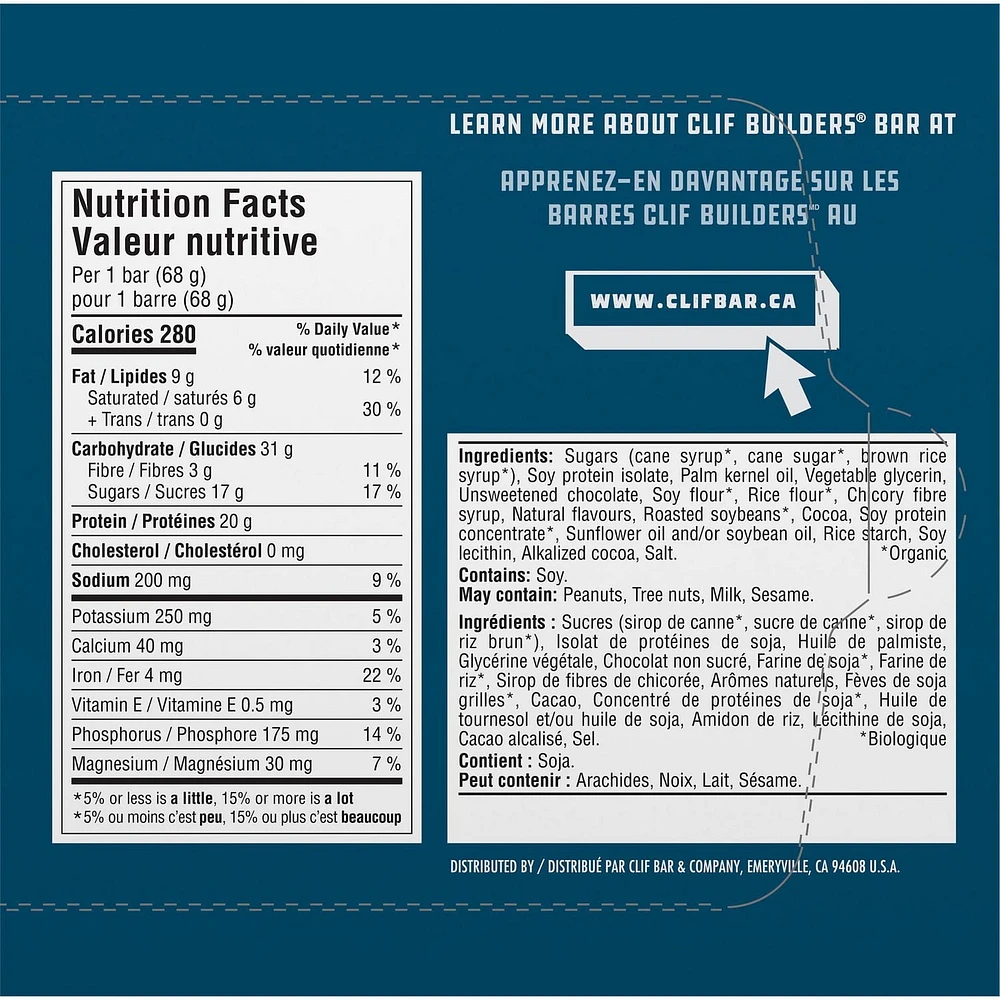 CLIF BUILDERS Protein Bars, Chocolate Mint Flavour, 20g of Protein, Prepared in Canada, Gluten Free, No Artificial Sweeteners, (Pack of 6), 408 g