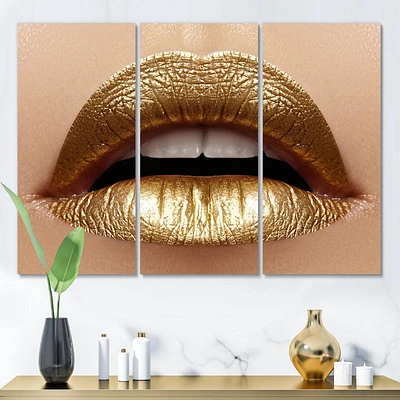 Designart Close Up of Female Plump Lips With Golden Lipstick Canvas Wall Art