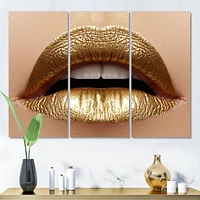 Designart Close Up of Female Plump Lips With Golden Lipstick Canvas Wall Art