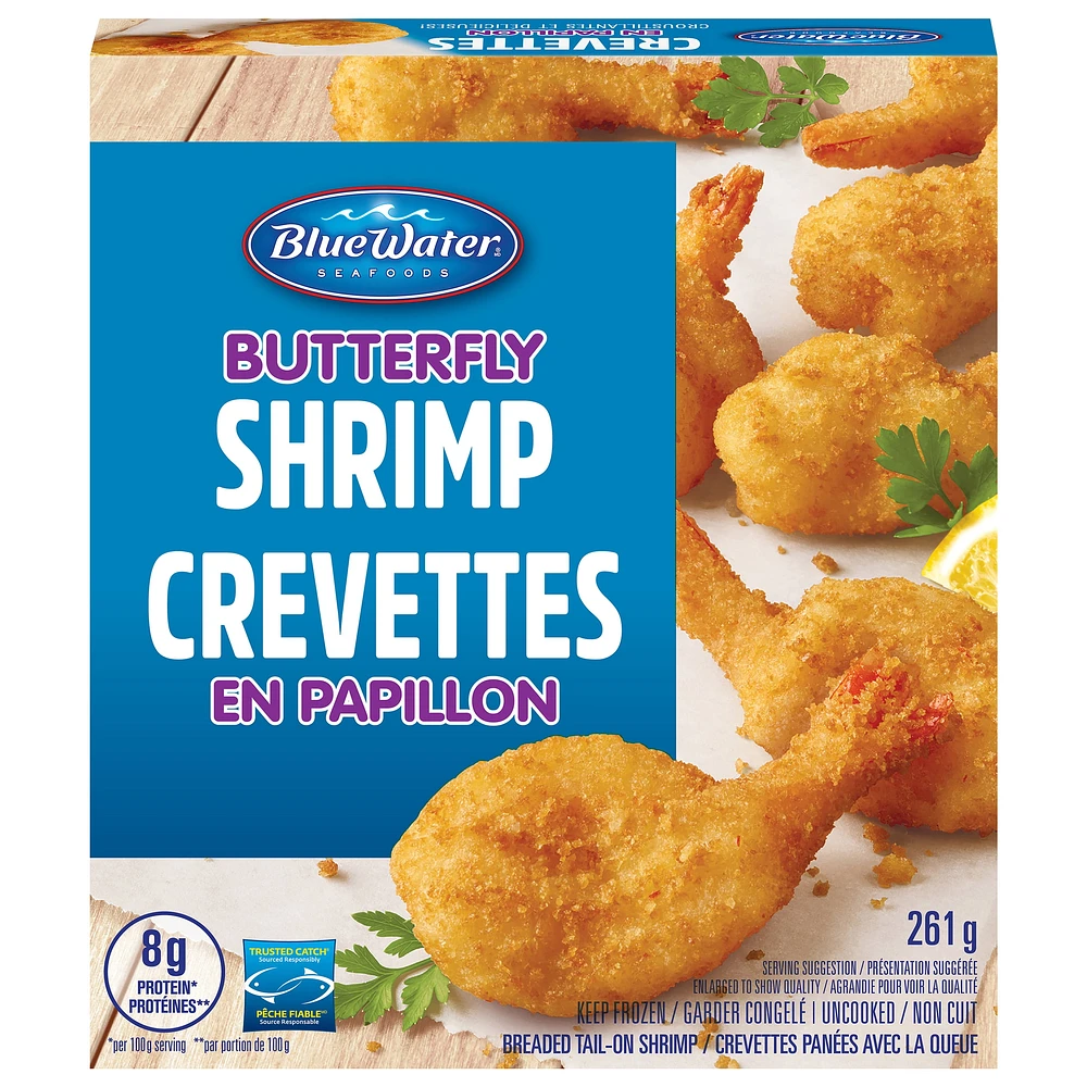 Crevettes papillon BlueWater Seafoods, Crevettes entières à, Panées avec une chapelure Panko croustillante, Congelé, Emballage de 261 g Crevettes papillon croustillantes avec chapelure Panko