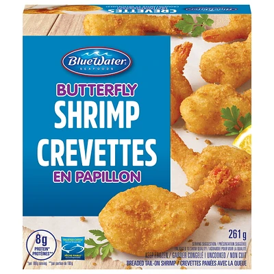 Crevettes papillon BlueWater Seafoods, Crevettes entières à, Panées avec une chapelure Panko croustillante, Congelé, Emballage de 261 g Crevettes papillon croustillantes avec chapelure Panko