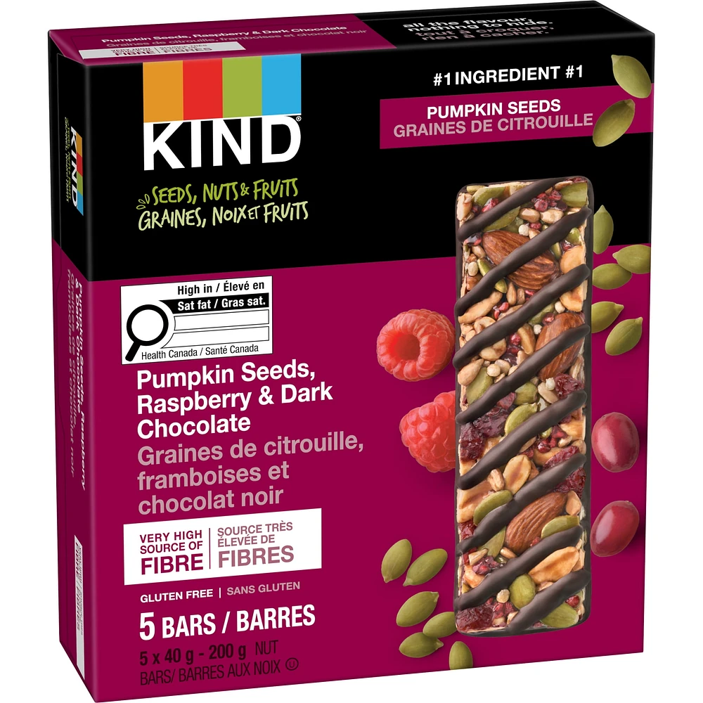 KIND Barres Graines, fruits et noix, Graines de citrouille, framboises et chocolat noir, 40 g, boîte de 5 unités Graines, Fruits et Noix Framboise