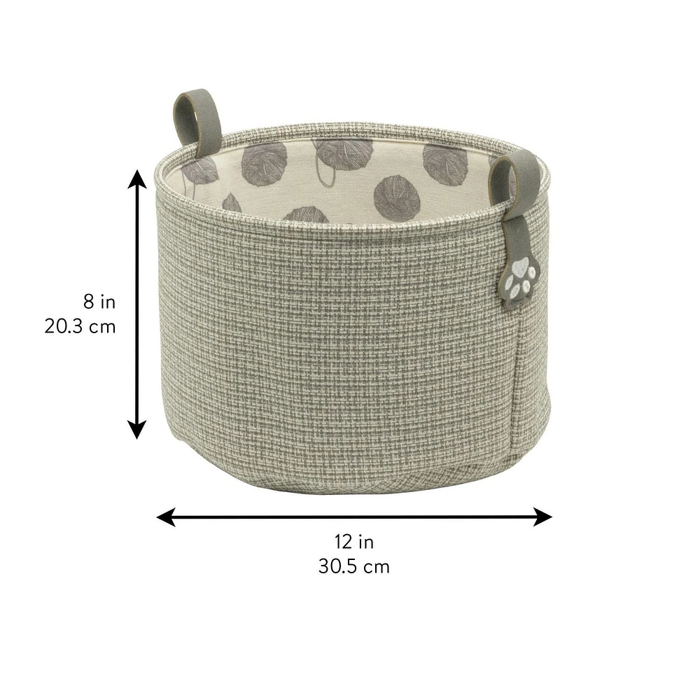 Tweed Storage Basket, Pet Theme with Cat Paw Print Loop Handles, Round Cat Basket, Grey