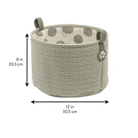 Tweed Storage Basket, Pet Theme with Cat Paw Print Loop Handles, Round Cat Basket, Grey