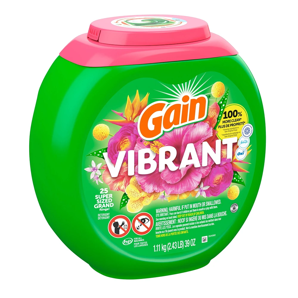 Capsules de détergent à lessive Gain Flings grande taille, 3 en 1 avec Febreze et Oxi, parfum Vibrant, 25 capsules 25CT