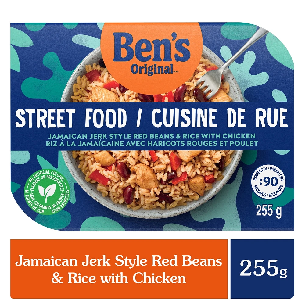 BEN'S ORIGINAL Street Food Jamaican Jerk Style Beans & Rice with Chicken, Prepared Entrée, Microwave in 90 Seconds, 255 g, Ben's Original Street Food Jamaican Jerk Style Red Beans & Rice with Chicken