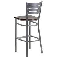 Tabouret de restaurant en métal argenté de la série HERCULES avec dossier à lattes - siège bois de noyer