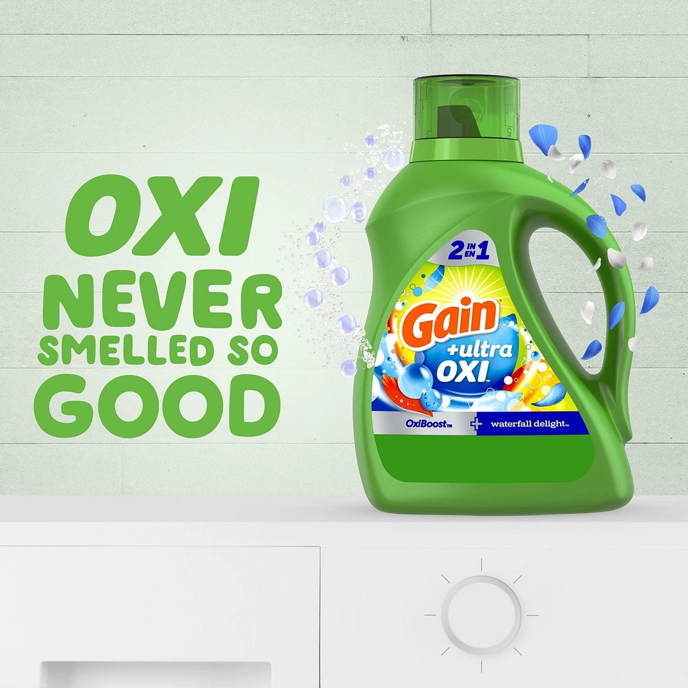 Détergent à lessive liquide Gain Ultra Oxi, parfum Waterfall Delight, 2 en 1, convient aux laveuses HE