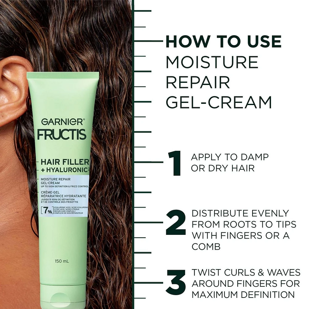 Garnier Fructis Hair Fillers + Acide Hyaluronique Gel-Crème Réparateur Hydratant, pour Cheveux Bouclés & Ondulés, retient l'humidité & donne jusqu'à 100 heures de Contrôle des Frisottis, 150ml Hydrate les cheveux bouclés