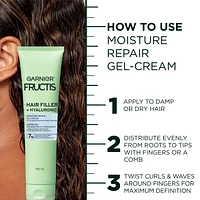 Garnier Fructis Hair Fillers + Acide Hyaluronique Gel-Crème Réparateur Hydratant, pour Cheveux Bouclés & Ondulés, retient l'humidité & donne jusqu'à 100 heures de Contrôle des Frisottis, 150ml Hydrate les cheveux bouclés