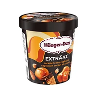 EXTRÄAZ Caramel Cone Explosion, Caramel Ice Cream, Almond Pralines, Chocolatey- Dipped Cone Pieces, Canadian Dairy, No Artificial Colours or Flavours, 450 mL