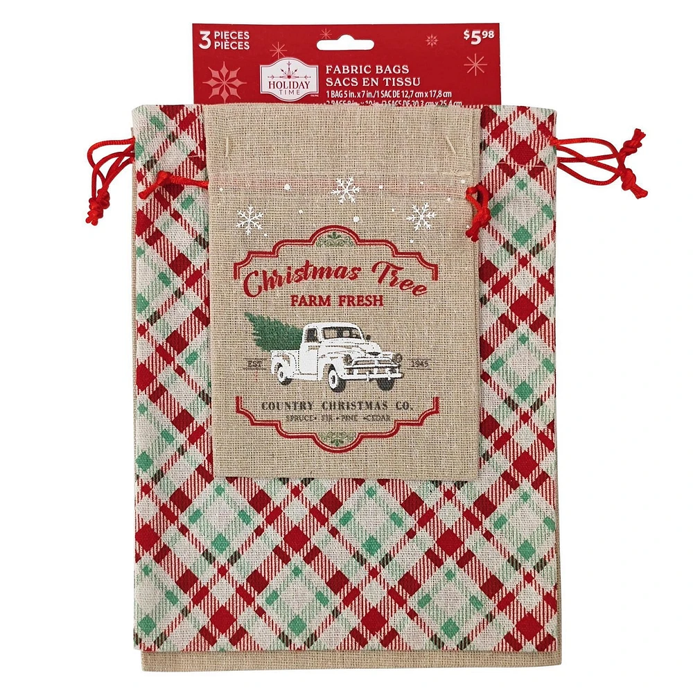 Holiday Time 3 Pieces Fabric  Bags with Drawstring1 Piece 5"x7" +2 Pieces 8"x10"  for  Xmas Package Storage
