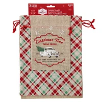 Holiday Time 3 Pieces Fabric  Bags with Drawstring1 Piece 5"x7" +2 Pieces 8"x10"  for  Xmas Package Storage