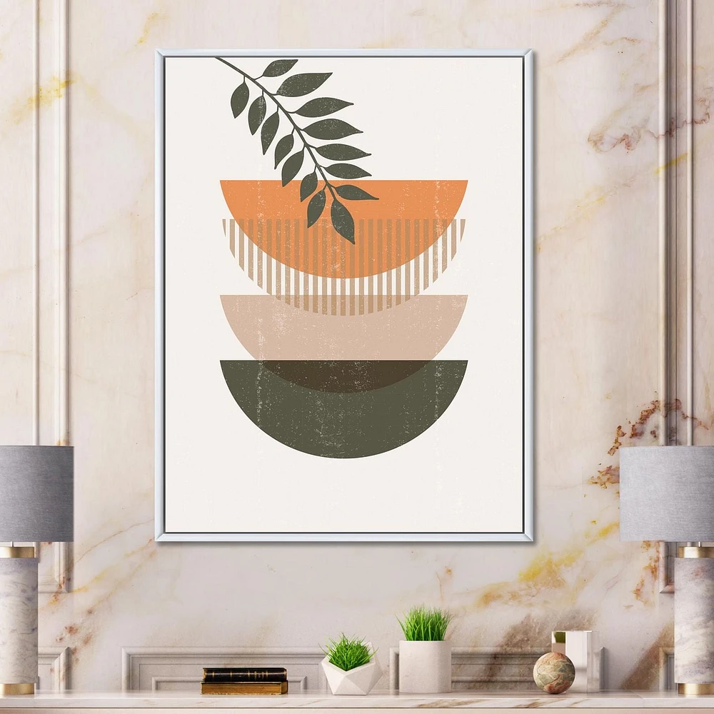Designart Soleil géométrique abstrait et lune avec feuille II ART MURAL À CADRE FLOTTÉ