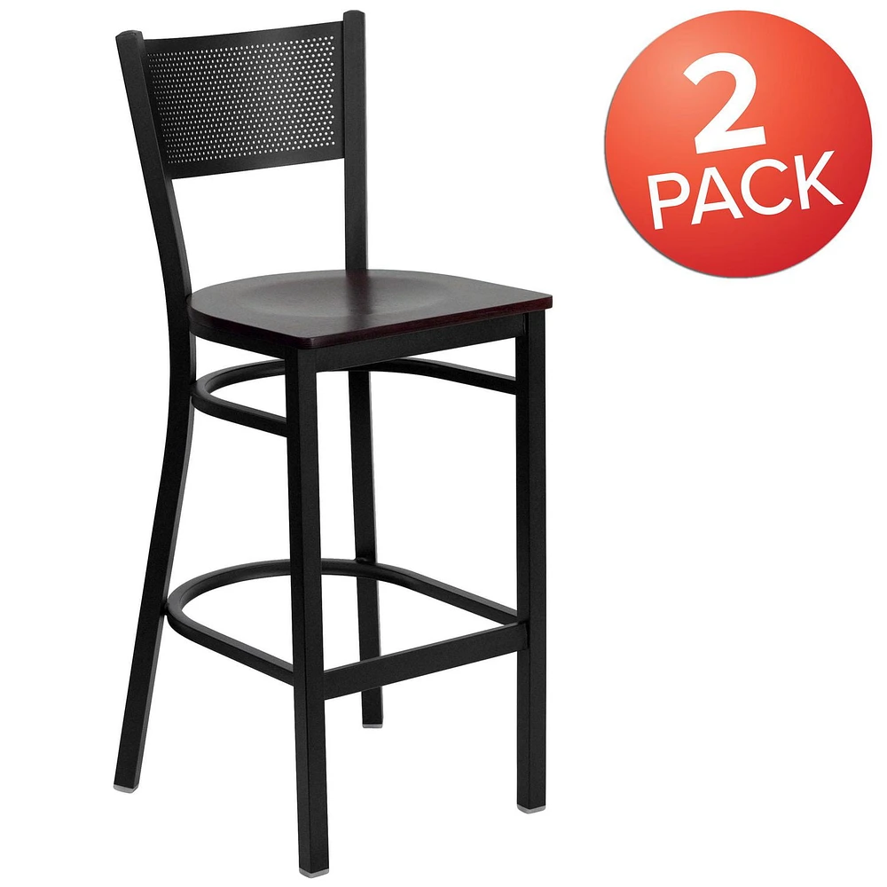2 Pk. HERCULES Series Black Grid Back Metal Restaurant Barstool - Mahogany Wood Seat