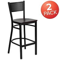 2 Pk. HERCULES Series Black Grid Back Metal Restaurant Barstool - Mahogany Wood Seat