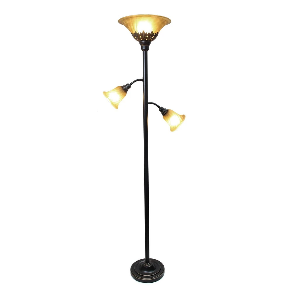 Lampadaire élégant 3 lumières avec abat-jour en verre festonné, bronze de restauration