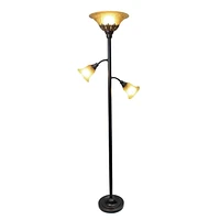 Lampadaire élégant 3 lumières avec abat-jour en verre festonné, bronze de restauration