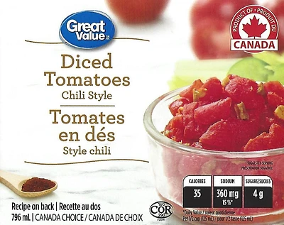 Great Value Chili Style Diced Tomatoes, 796 mL Chili Diced Tomatoes