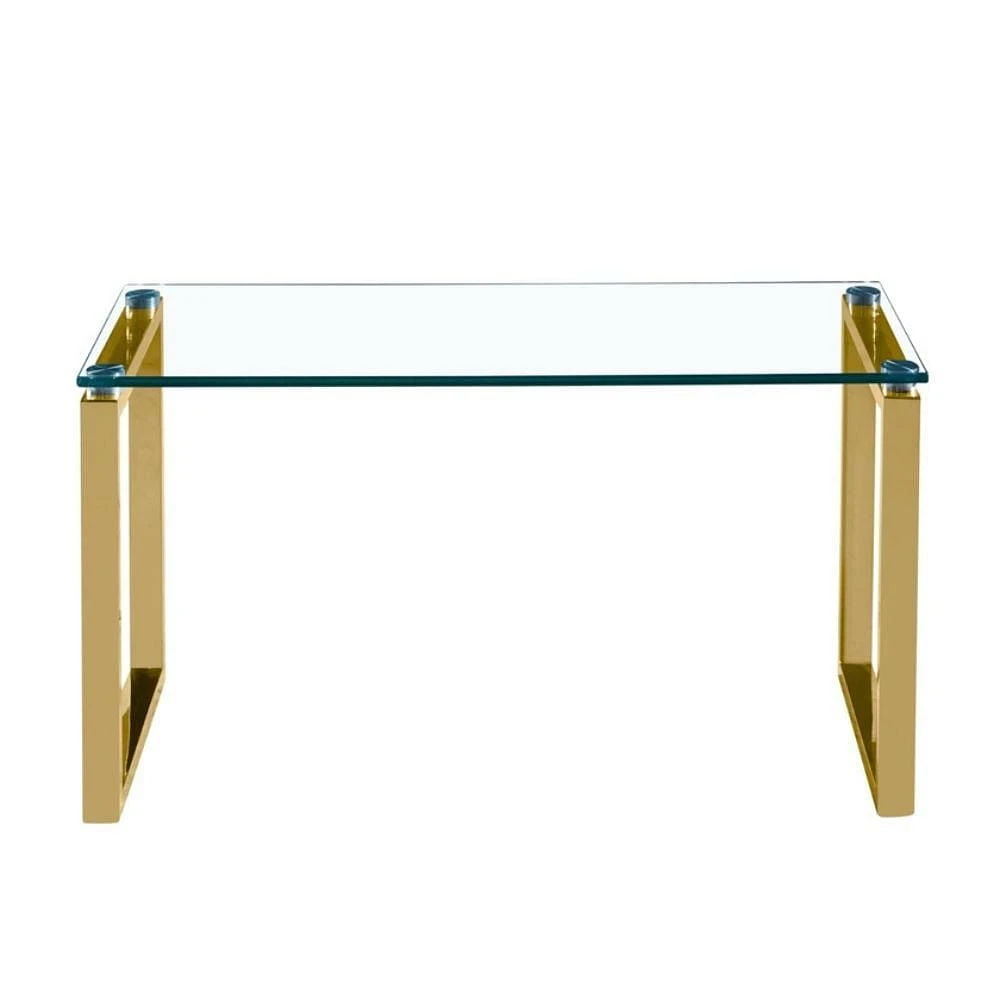 Table basse Gen, pieds luge en acier inoxydable poli brillant et plateau en verre trempé.<br>Dimensions : Grand : 16" H x 39" L x 18" P