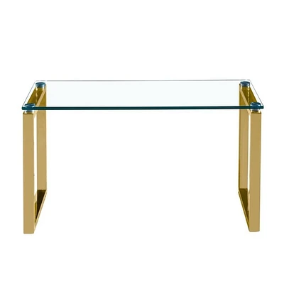 Table basse Gen, pieds luge en acier inoxydable poli brillant et plateau en verre trempé.<br>Dimensions : Grand : 16" H x 39" L x 18" P