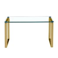 Table basse Gen, pieds luge en acier inoxydable poli brillant et plateau en verre trempé.<br>Dimensions : Grand : 16" H x 39" L x 18" P