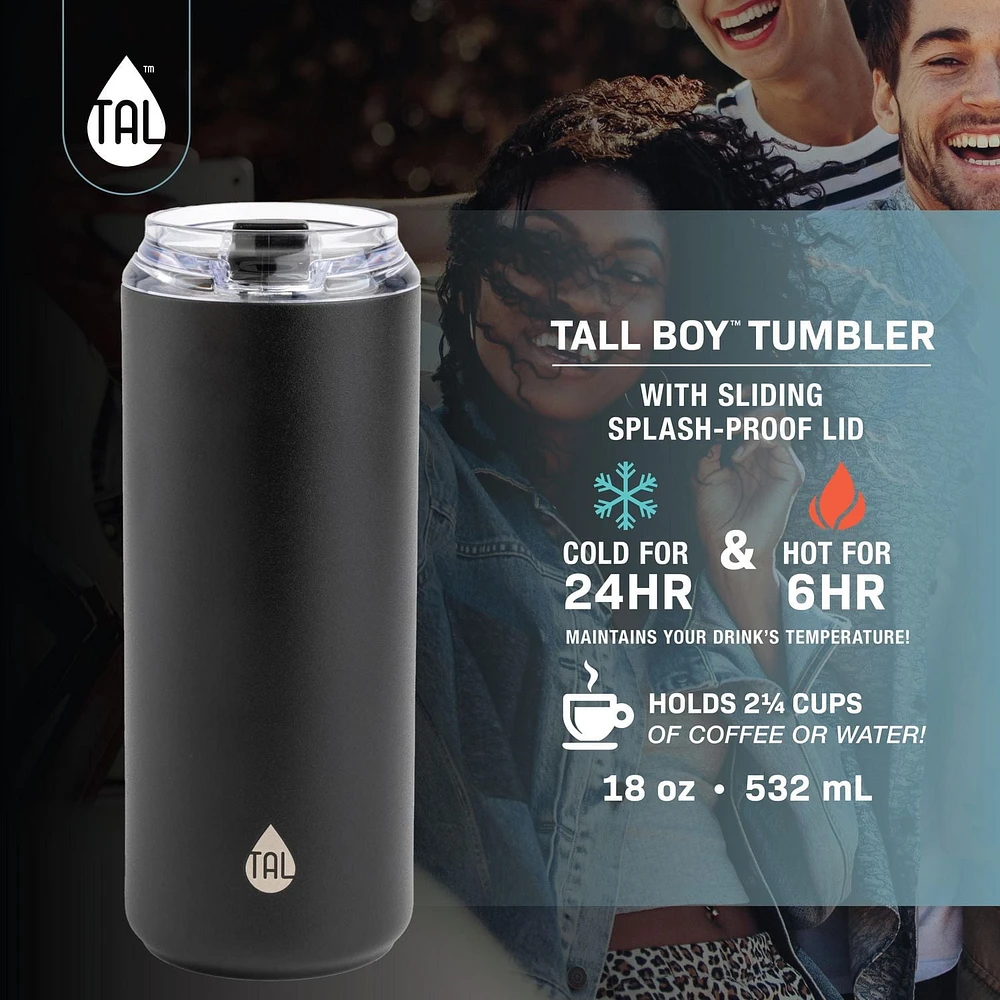 TAL Stainless Steel Tall Boy Tumbler 18 fl oz, Black, Water Bottle